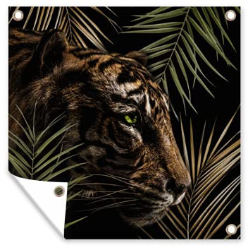 MuchoWow Outdoor-Poster Poster Wanddeko draußen Deko Garten Gartenposter 50x50 cm Tiger - Farn - Blätter