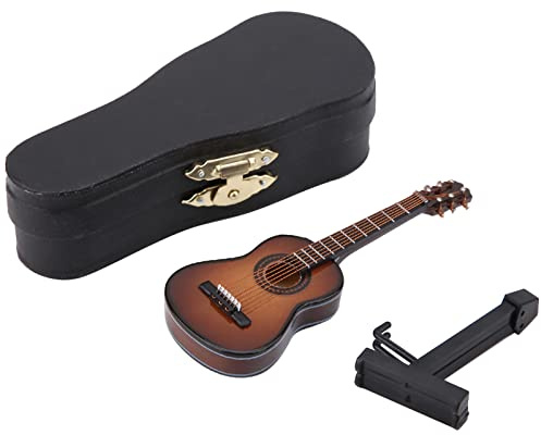 Decorazione in Legno per Chitarra in Miniatura con Supporto, Mini Strumento Musicale per Casa delle Bambole Ornamento Artigianale per La Decorazione Dell'Ufficio in Casa Regalo(Marrone 10 cm)