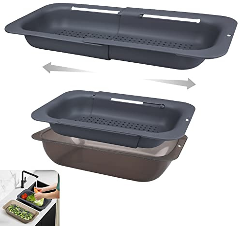 Komzon Passoire à placer au-dessus de l'évier avec bol, panier extensible pour laver les légumes, les fruits, passoire en plastique rétractable réglable pour égoutter les pâtes, les plats Noir