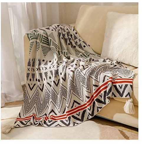 Geometrisches Muster Gestrickte Decke Wendedecke Kuscheldecke Warme Dicke Sofa-Stuhl-Abdeckung Decke werfen Acryl Ethnische Schal Decke mit großen Vier Quasten KaffeeG