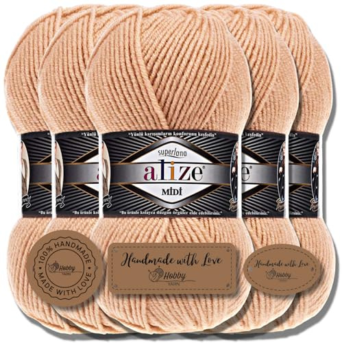 Hobby YARN 3x Etikettenlabel mit Alize Superlana Midi Wolle Premium 5x100g als Set, Yarn, Garn, Strickgarn, Einfarbig, Baby, zum Häkeln, Stricken, Kleidung, Schals (Cream Caramel | 502)