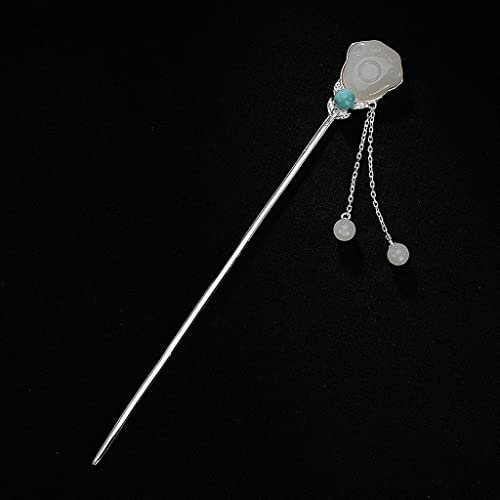 Haarnadel aus Sterlingsilber mit eingelegter Jade, weißer Jade und Türkis für Damen, Haarschmuck (A 135 mm)