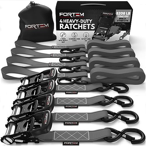 FORTEM Ratchet Tie Down Straps, 2362kg Break Strength, (4) 3.04 Meter Heavy Duty Straps, (4) Soft Loops, Rubber Coated Metal Handles, Safety S Lock Hooks, Carrying Bag