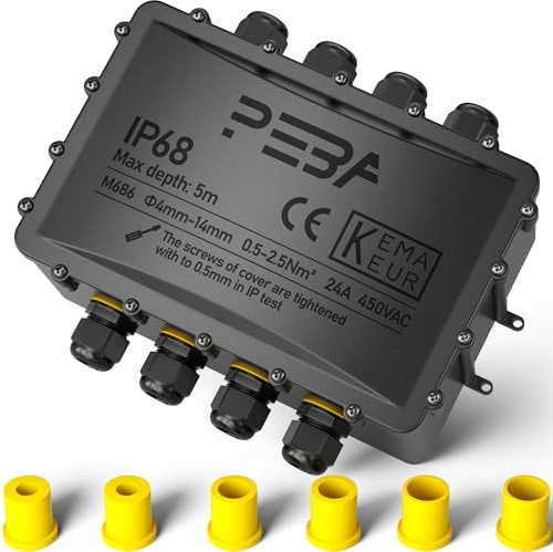 PEBA Boîte dérivation étanche extérieur IP68, Connecteur étanche etanche à 8 Voies pour câble de 4 mm-14 mm de diamètre, extérieur pour jardin et câble souterrain, Noir, Format surdimensionné