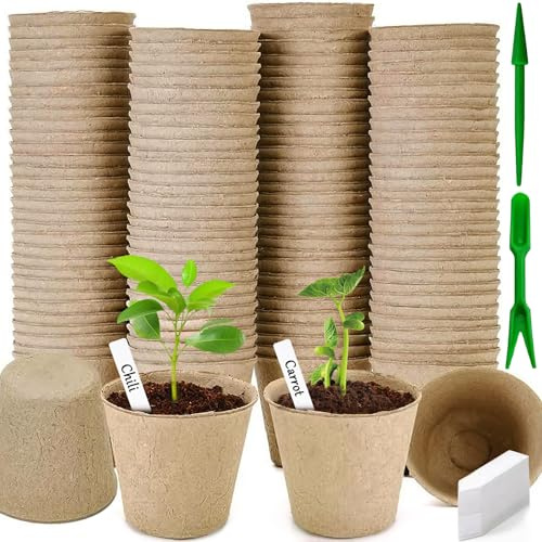ZLPBAO 100 Pièces Pot de Culture Biodegradable pour Semis, 8CM Pots de graines en Fibre pour semis avec 100 Morceaux de Bouchons de Plantes en Plastique et Outils pour déterrer Les transplanes