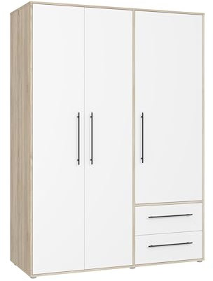FORTE Jupiter Schrank 140 150, Kleiderschrank, Drehtürenschrank, 3-türig, mit 2 Schubladen und Einlegeböden, Holz Dekor: Sonoma Eiche, 145 cm breit x 59 cm tief x 200 cm hoch