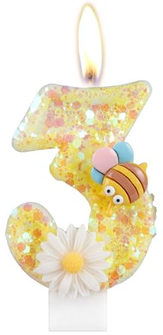 Geburtstagskerzen Zahlen 3, Geburtstagsdeko 3 Jahr Junge Mädchen, Gelb Kerzen Geburtstag, Honigbiene und Blume Tortendeko Geburtstag, Personalisierte Geburtstagskerzen Torte Deko KinderGeburtstags