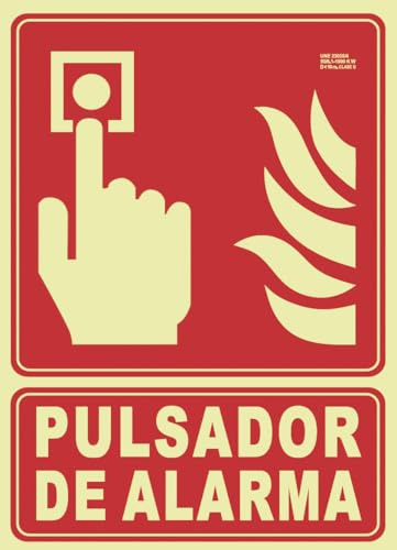 IberNorma FA0411 Señal Pulsador de Alarma 21x30cm Clase A D≤10m PVC Luminiscente Homologada nueva UNE 23034:2023 y RIPCI (Clase A)