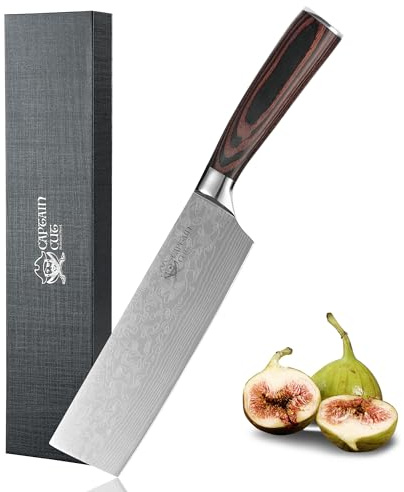 Captain Cut Nakiri 17,5 cm Klinge, Edelstahl, Damast-Optik, Pakkaholzgriff | Nakiri Messer für Gemüse & Kräuter: scharfer 5CR15MoV-Edelstahl, 58 HRC, Pakkaholzgriff, Küchenmesser in Geschenkbox