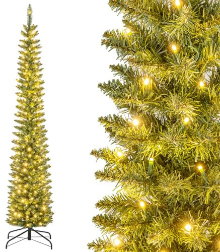 COSTWAY 210 cm Künstlicher Weihnachtsbaum mit Beleuchtung, Bleistift Tannenbaum mit 200 warmweißen LED-Lichtern, Christbaum schmal, Kunstbaum Weihnachten für Zuhause, Grün