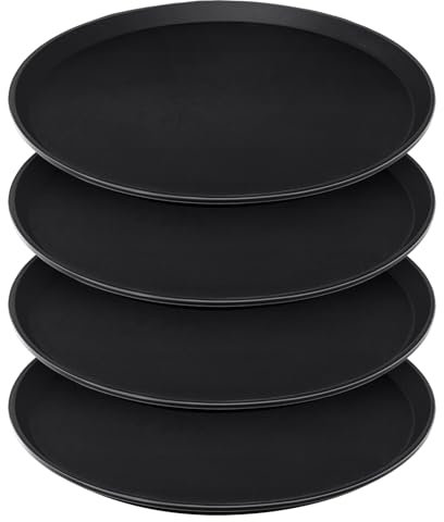 Wonderjune 4 Pcs 16 Inch Restaurant Serving Trays, Black Plastic Non Slip Round Tray, Large Food Crawfish Server Tray for Home, Restaurant, Kitchen, Cafeteria, Bar, Hotel(Black)