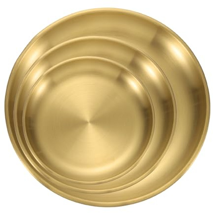 sourcing map 3Pcs Stainless Steel Dinner Plates, 17cm 20cm 26cm Round Serving Plate Dishes Set Metal Dinner Dishes Plate for Restaurants Kitchen Dessert Salad Outdoor Camping, Gold