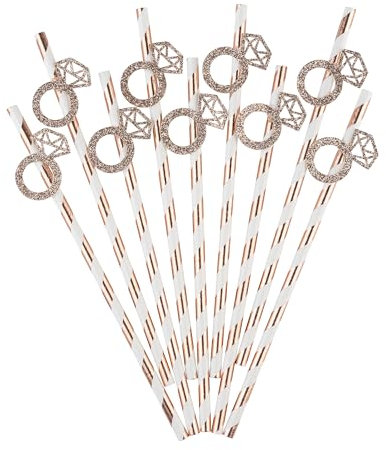 CloverCrafts 10 x Rose Gold Glitter Engagement Ring Paper Straws – Bachelorette Party Decor