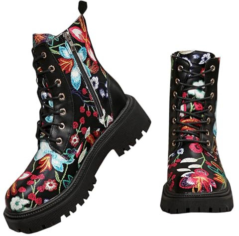 Wyongtao Damen Stiefeletten Flach Combat Boots Punk Schnürstiefeletten Metallfarbe Mid-Calf Biker Boots Herbst Winter