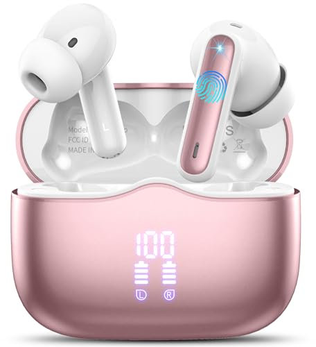 Cuffie Bluetooth, Auricolari Bluetooth 5.4 Stereo HiFi Immersivo, 40 Ore Cuffie Wireless in ear con 4 ENC Noise Cancelling Mic, Cuffiette Bluetooth IP7 Impermeabili, Touch Control, LED, USB-C,Oro rosa