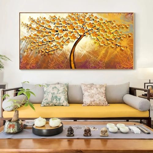 Goldgerahmte Wandkunstdrucke, moderne abstrakte Wandkunst, Leinwandgemälde, goldene Geldbäume, Bilder für Wohnzimmerdekor, 20x45cm(8x18Zoll) mit Rahmen