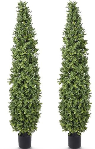 Yuwinron Artificial Boxwood Topiary Tree 5FT Fake Topiary Tree Faux Potted Topiary Plant for Porch Home Garden Decor 2Pack