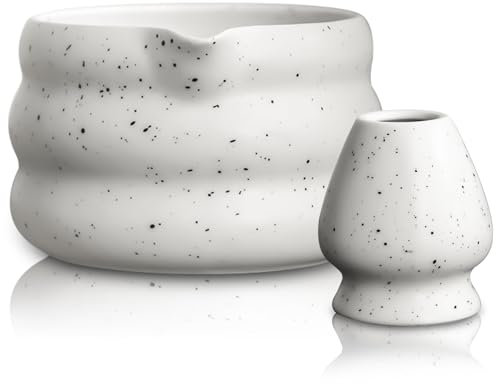 GOMETY Cuenco de té Matcha de 2 piezas - Tazón de cerámica Chawan de 450 ml para la ceremonia tradicional del té (blanco)