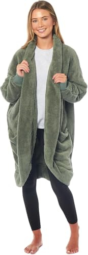 BLOOM BLENDS Cardigan da donna in morbido pile, vestaglia lunga in caldo peluche con tasche, accappatoio leggero e accogliente per comfort e abbigliamento da casa, Verde salvia, Taglia unica