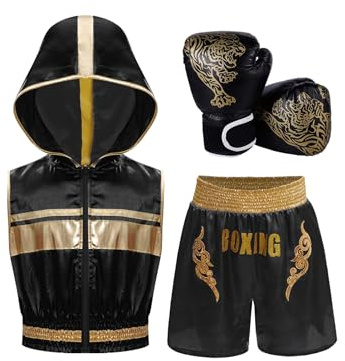 dPois Kids Boys Muay Thai Boxing Outfits Metallic Hooded Tank Tops with Boxer Shorts Sparring Gloves Set Black 15-16 Years