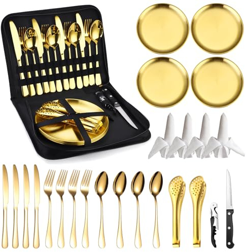 Set di utensili da cucina da campeggio dorati, 24 pezzi, organizer per posate da viaggio con custodia, in acciaio inox, riutilizzabili, per 4 persone, perfetto per escursioni, picnic, barbecue con