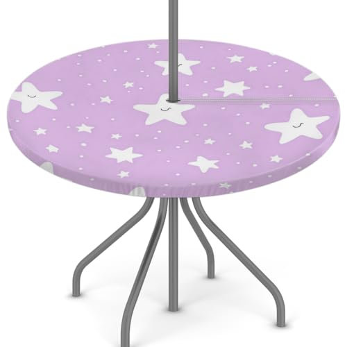 Woltant Nappe ronde avec trou de parasol et fermeture éclair facile à nettoyer avec bords élastiques - Protection de table d'extérieur pour jardin, terrasse, barbecue - Motif étoiles violettes et