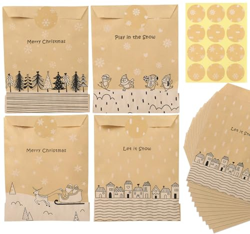 BETESSIN Geschenktüten Weihnachten - 48 Stück Kraftpapier Tüten 13x18cm mit Schneeflocken Aufklebern - Weihnachtstüten Klein zum Befüllen - Adventskalender Tüten Geschenkverpackung Weihnachten