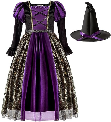 Generisch Costume de sorcière d'Halloween pour filles - Robe de sorcière d'Halloween avec chapeau noir - Costume d'Halloween violet pour filles 2025