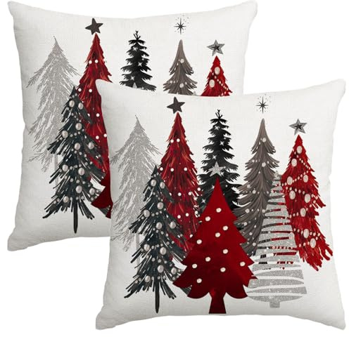 Miaikoe Weihnachtskissen Abdeckungen 40x40cm Set von 2, Dekorative Bauernhaus Weihnachtsbaum Weißes Kissen Shams Fälle Slipcovers für Ferienhaus Couch Sofa Dekorationen