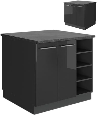 Vicco Kücheninsel Fame-Line, Anthrazit Hochglanz, 90 cm | MDF-Front · 6 Einlegeböden · Höhenverstellbare Füße · Metallgriffe · Soft-Close