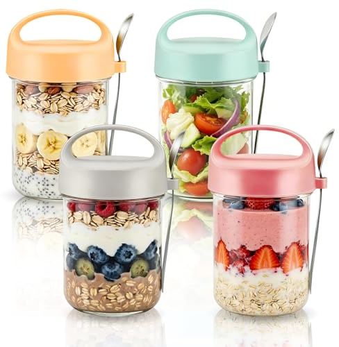 4 Pack Overnight Oats Jars, Reusable Overnight Oats Container with Lid and Spoon, 14oz (430 ml) Large Capacity Glass Jars with Screw lids,Airtight Breakfast Jar, for Cereal, Salad, Fruit, Pudding