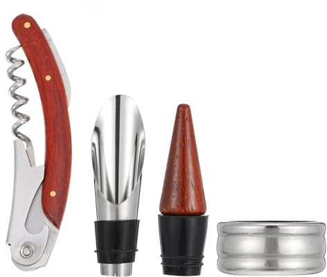 SHINEOFI Lot de 3 Set de Ouvre-Bouteilles Vin Rouge en Bois Rouge Verseur Anti-Goutte Coffret Présent Papier Outil d'Ouverture pour Bar et Cave à Vin