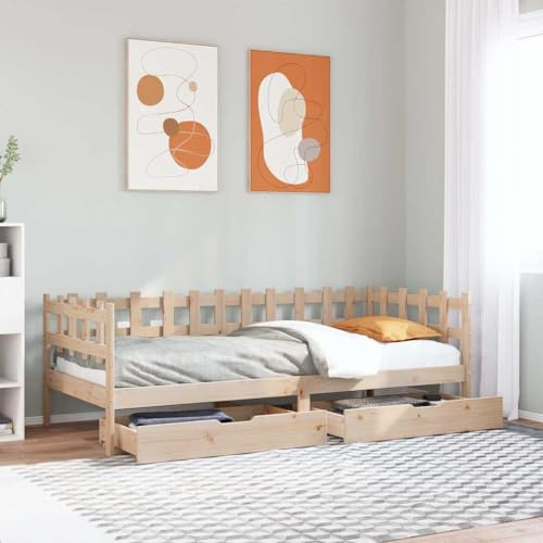 Ordellia Dagsäng 90 x 190 cm massivt trä furu, utdragbar med 2 lådor, robust sängram för sovrum, gästsäng multifunktionell, naturträfinish