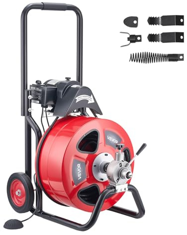VEVOR Drain Cleaner Machine 100 FT x 3/4 Inch, Auto Feed Sewer Snake Auger on Wheels, Portable Drain Cleaning Machine with 4 Cutters & Air-activated Foot Switch for 4 to 8 Pipes