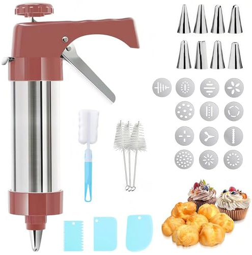 Kisizity Gebäckspritze, Spritzgebäck Maschine, Rot Spritzgebäck Presse, Tortenspritze Garnierspritze mit 13 Enthaltene Form-Discs und 8 Spritztüllen für Herstellung Von Keksen, Kuchen und Churros