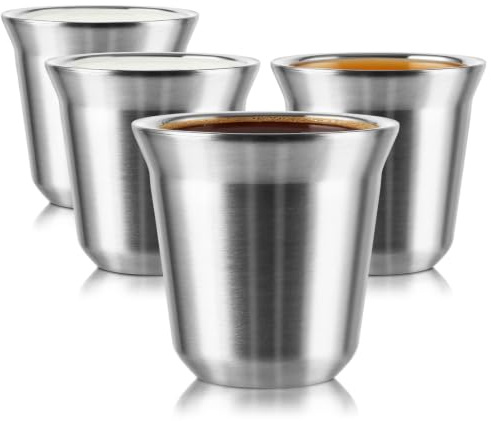 DAJAVE 4 tazze da caffè da 80 ml in acciaio inox 304 | Doppia parete per bevande calde; dimensioni compatte per espresso; impilabile per cucina, ufficio e campeggio