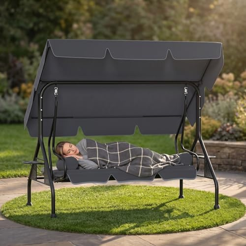 Suusolny Hollywoodschaukel 2 IN 1 Sitzen&Liegen, Wetterfeste Gartenschaukel mit Sonnendach & Sitzauflage, Stabil Stahlgestell, UV-Schutz, Bis 350 kg, 3-Sitzer Garten Schaukelbank, Anthrazit