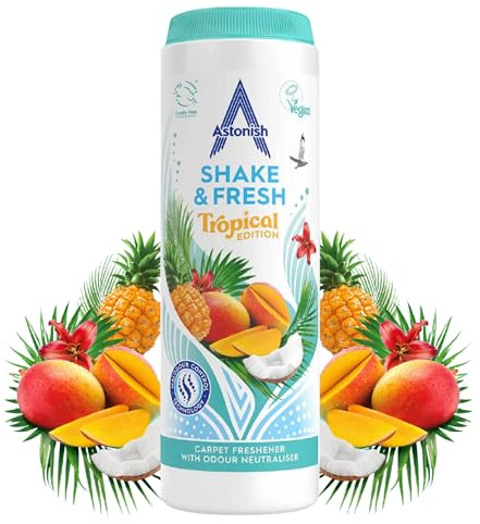 Tropical Breeze Carpet Powder by Astonish, 350g - Shake Fresh Pet Smell Neutralizer, Vacuum Safe for a Long Lasting Room Scent, Floor and Rug Refresher, Home Deodorizer, Easy to Use Powder