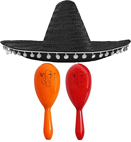 Mexikansk underbar klänning tillbehörsset – Mexikansk SOMBRERO med Maracas – perfekt för Mexikanska fantastiska klänningar Sensorita bandit mariaachi snygg klänning (svart POM POM SOMBRERO + orange och röda maracas)