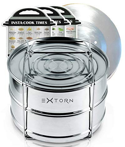 Extorn Stackable Steamer Inserts for Instant Pot 6/8 qt Electric Pressure Cooker Accessories - Duo/Multi/2-Tier Stainless Steel Instant Pots with Sling Handle for Cooking & Baking