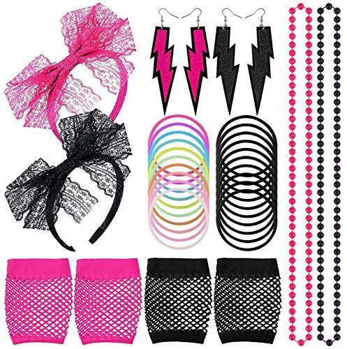 Kulannder 80er Jahre Party Kostüm Damen 1980s Accessoires Set Damen Neon Armband Ohrringe Fischnetz Handschuhe Neo Kunststoff Halskette lace 80s Lace Stirnband für Retro Fashion