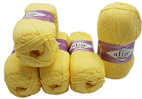 5 x 100g Strickwolle Alize Cotton gold mit 55% Baumwolle, 500 Gramm Wolle einfarbig (gelb 187)
