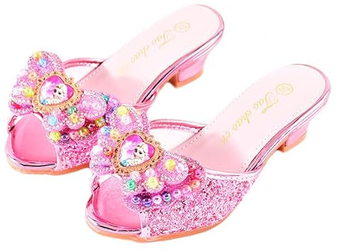 Monissy Reine des Neiges Princesse Elsa Mules Talon Haut Pantoufle Bouche de Poisson Paillette Deux Noeuds en Cuir Elsa Badge Crystal Incrusté Perles Colorés Fille Chaussures Noël