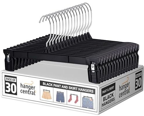 Hanger Central 30 Pack Pants Hangers – 10 Inch Slim Plastic Clothes Hangers with Clips for Skirts, Pants, Shorts – Heavy Duty Space Saving Non Slip Closet Organizer with Swivel Hook – Black