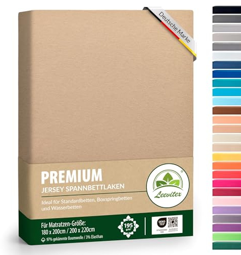 leevitex® Premium Wasserbett & Boxspringbett Spannbettlaken | Spannbetttuch | 180-200 x 220 | 97% Mako-Jersey-Baumwolle | 3% Elastan | Sand/Cappuccino | 195 g/m²