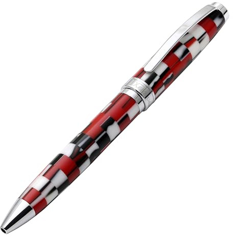 Xezo Stylo à bille à mécanisme tournant Urbanite II, pointe moyenne. Acrylique à damier sportif rouge, noir et blanc sur laiton. Plaqué chrome. Fabriqué à la main, édition limitée, numéroté