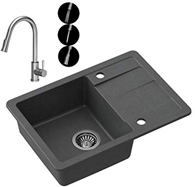 VBChome Spülbecken mit Armatur Schwarz 62 x 44 cm Armatur Einzelbecken Einbauspüle Abtroffläche gesprenkelt reversibel Ausziehbarer Auslauf Verbundspüle + Siphon Spülmittelspender