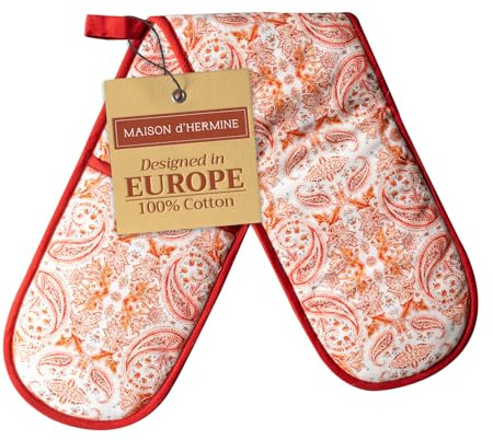 Maison d' Hermine Double Oven Mitt (18 cm x 89 cm) 100% Cotton Heat Resistant BBQ Cooking Gloves with Loop for Christmas Decorations Baking Cooking Barbeque Handling Hot Pan (Orient)