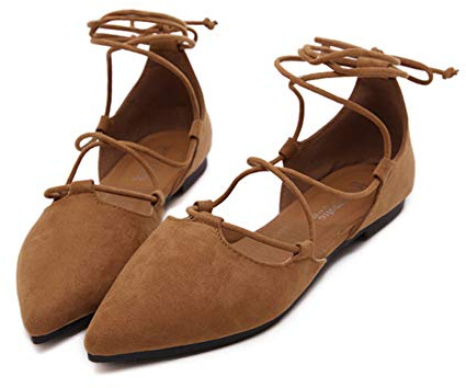 ERLINGO Ballerines plates décontractées à lacets pour femme avec bride croisée et bout pointu, marron, 39 EU