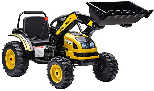 HOMCOM Kinder Elektrobagger Sitzbagger für Kinder Aufsitzbagger Geländewagen Traktor elektrisch zum Fahren mit Musik Schaufel Armen 3–5 Jahre PP-Kunststoff Stahl Gelb 132 x 62 x 65 cm